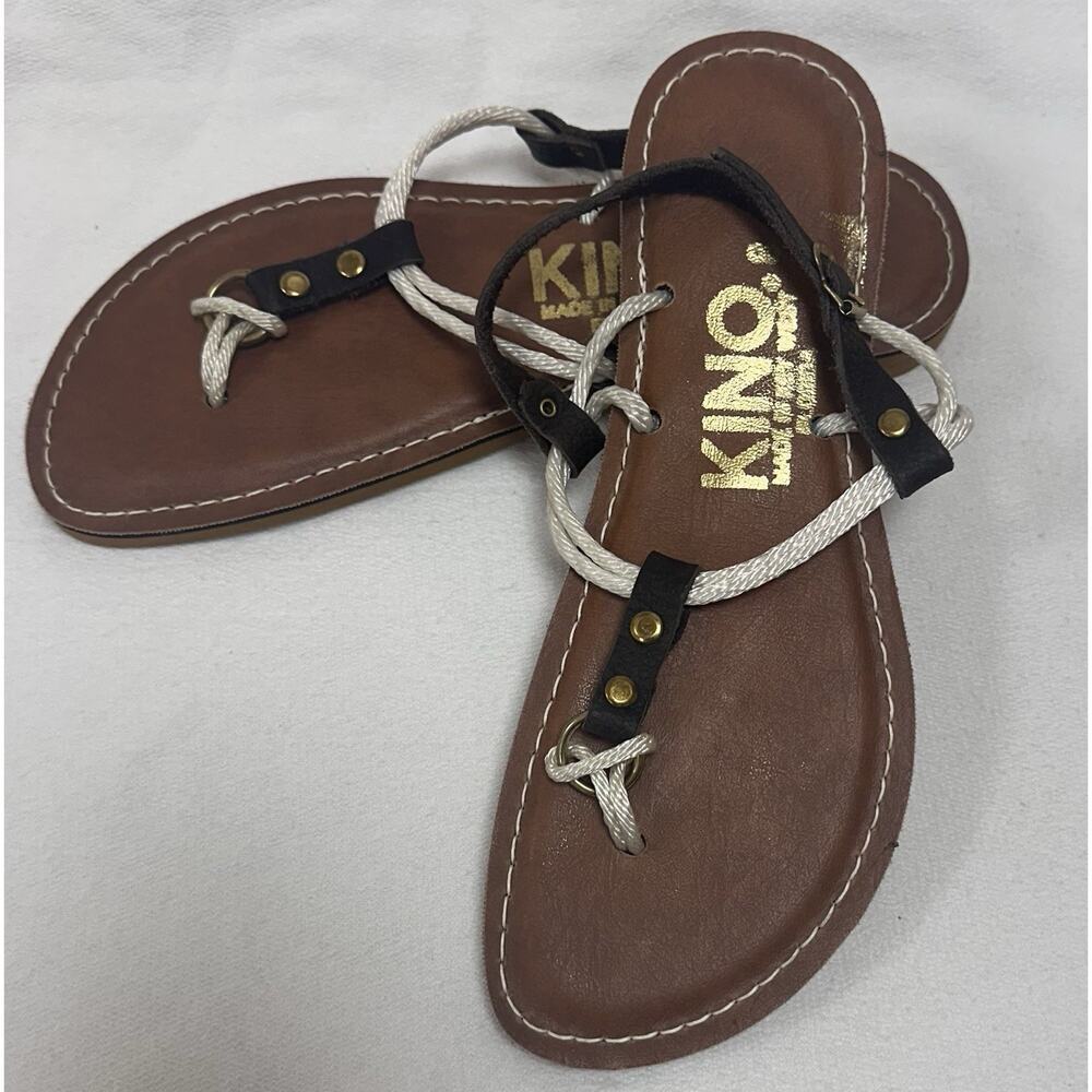 Kino Key West Thong Sandals Minimalist SZ 8 Leather T Strap Rope Black Gold NWOB - Picture 2 of 4